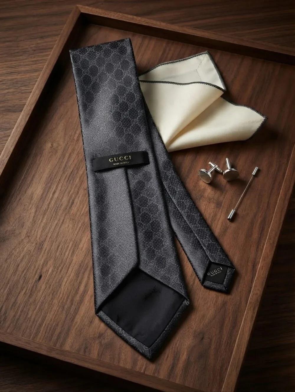 Authentic Gucci GG Monogram Silk Tie | Dark Grey / Charcoal Luxury Necktie CC